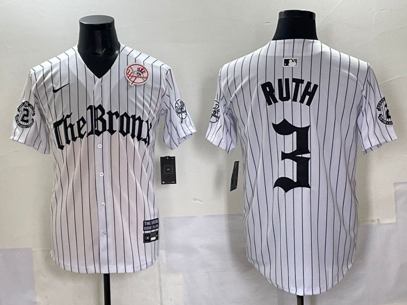 Men 2025 New York Yankees #3 Ruth White Stripe Five generations Joint Name Nike MLB Jersey style 07